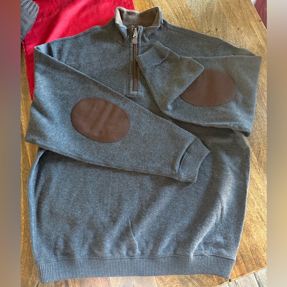 Cremieux Men's Gray Quarter-Zip Sweater with Brown Elbow Patches, Size L
